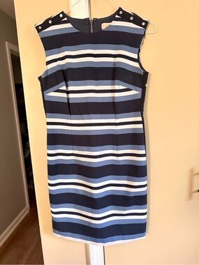 Size 6 Michael Kors Navy, Light Blue and White Striped Midi Dress